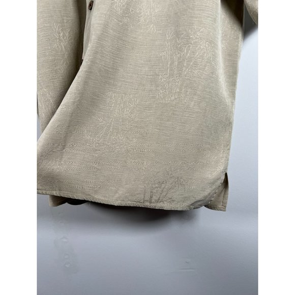 Coconut Bobs 100% Silk Mens Large Hawaiian Camp Shirt Khaki Palm Tree Print - Picture 9 of 13